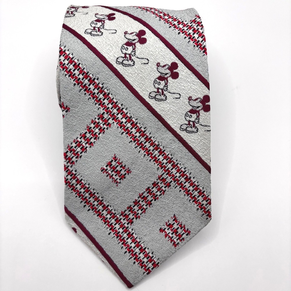 Vintage Mickey Mouse by Cervantes Qiana Silk Nylon Walt Disney Neck Tie Gray Red